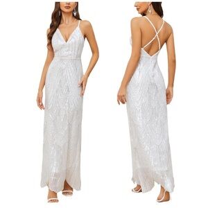 V Neck Spaghetti Straps Elegant  Sequin Maxi Dress Size Small